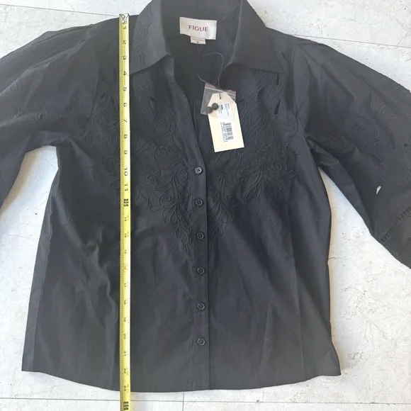 Figue Embroidered button down Shirt puffed sleeves black size 0